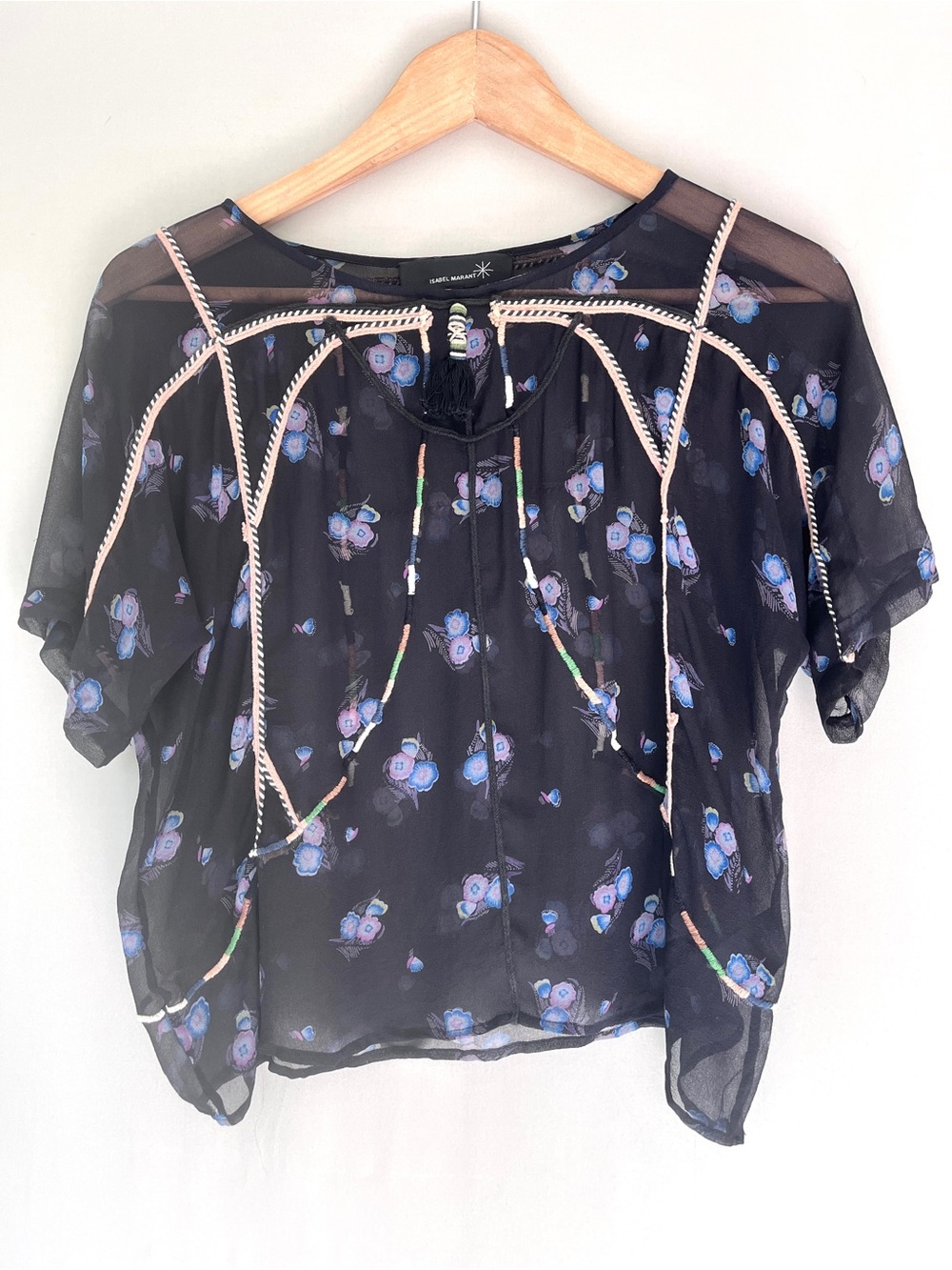 Isabel Marant Silk Floral Peasant Blouse | Embroidered Tassel Top 0